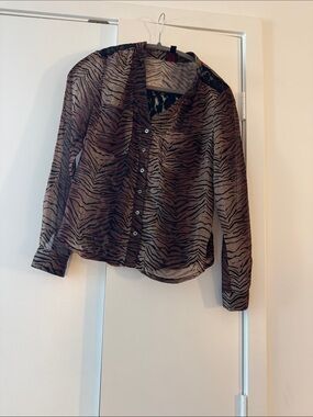 bebe Black Lace & Brown Zebra Sheer Button-Up Blouse